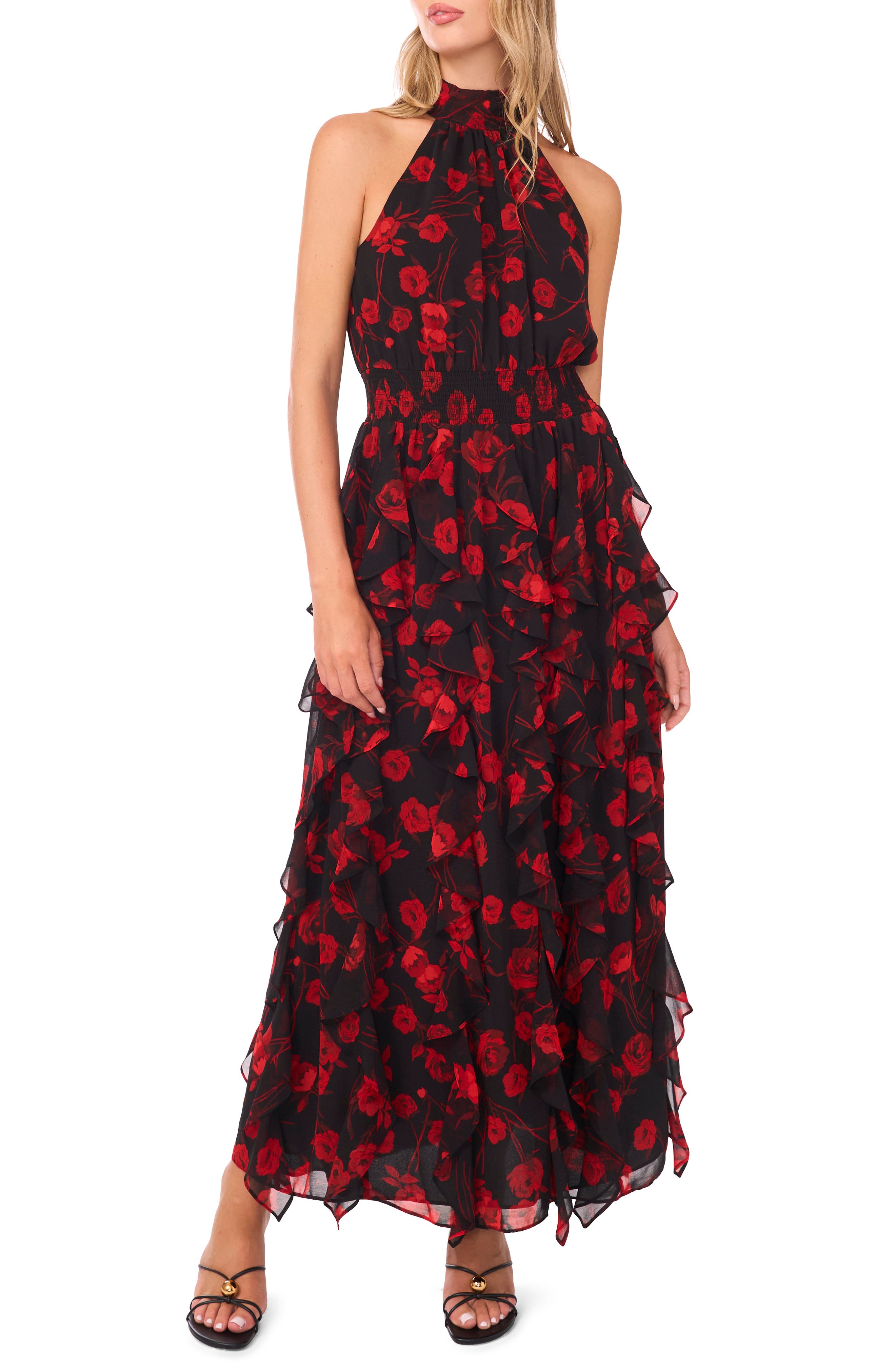 Sleeveless Cascade Ruffle Maxi Dress