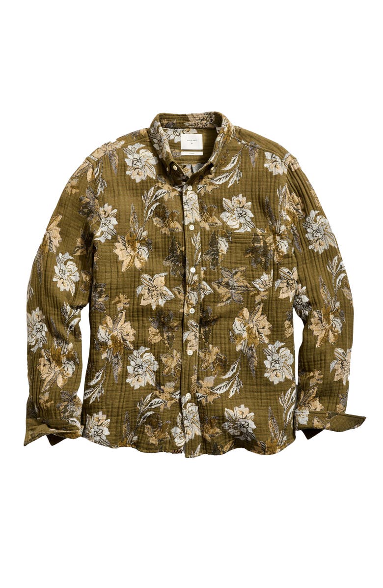 Billy Reid Tuscumbia Peony Jacquard Button-Down Shirt, Main, color, Olive Multi