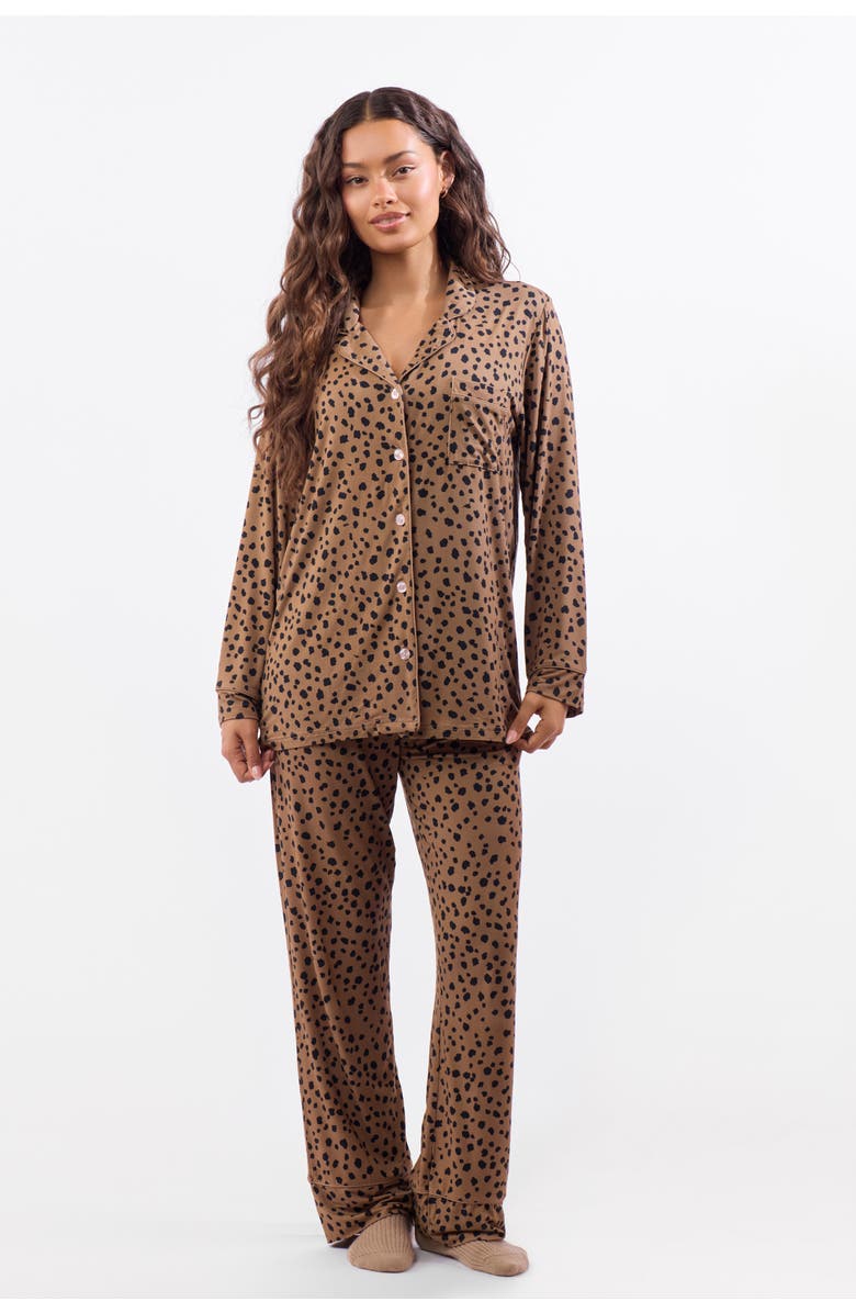 Crickle Daisy A Leopard Doesn't Change Its Spots Long Pajama Set, Main, color, Light Brown, Black