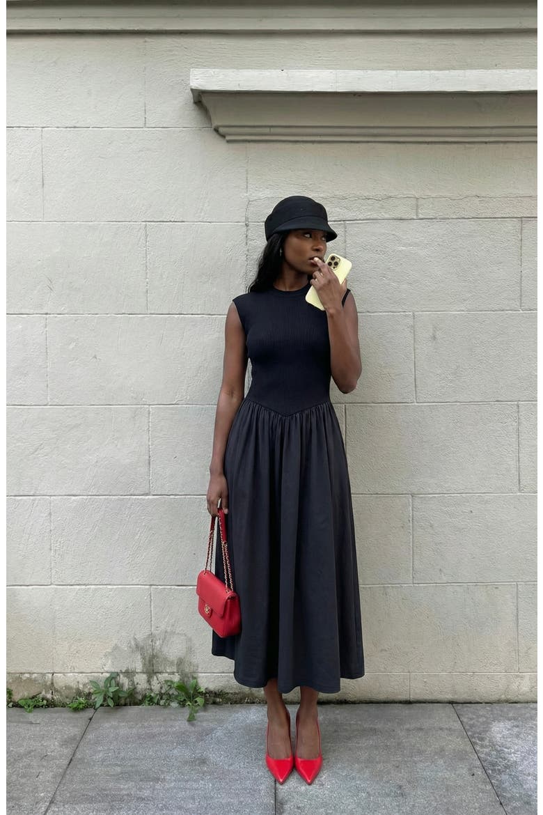 Cap Sleeve Fitted Gathered Midi Dress, Alternate, color, Black
