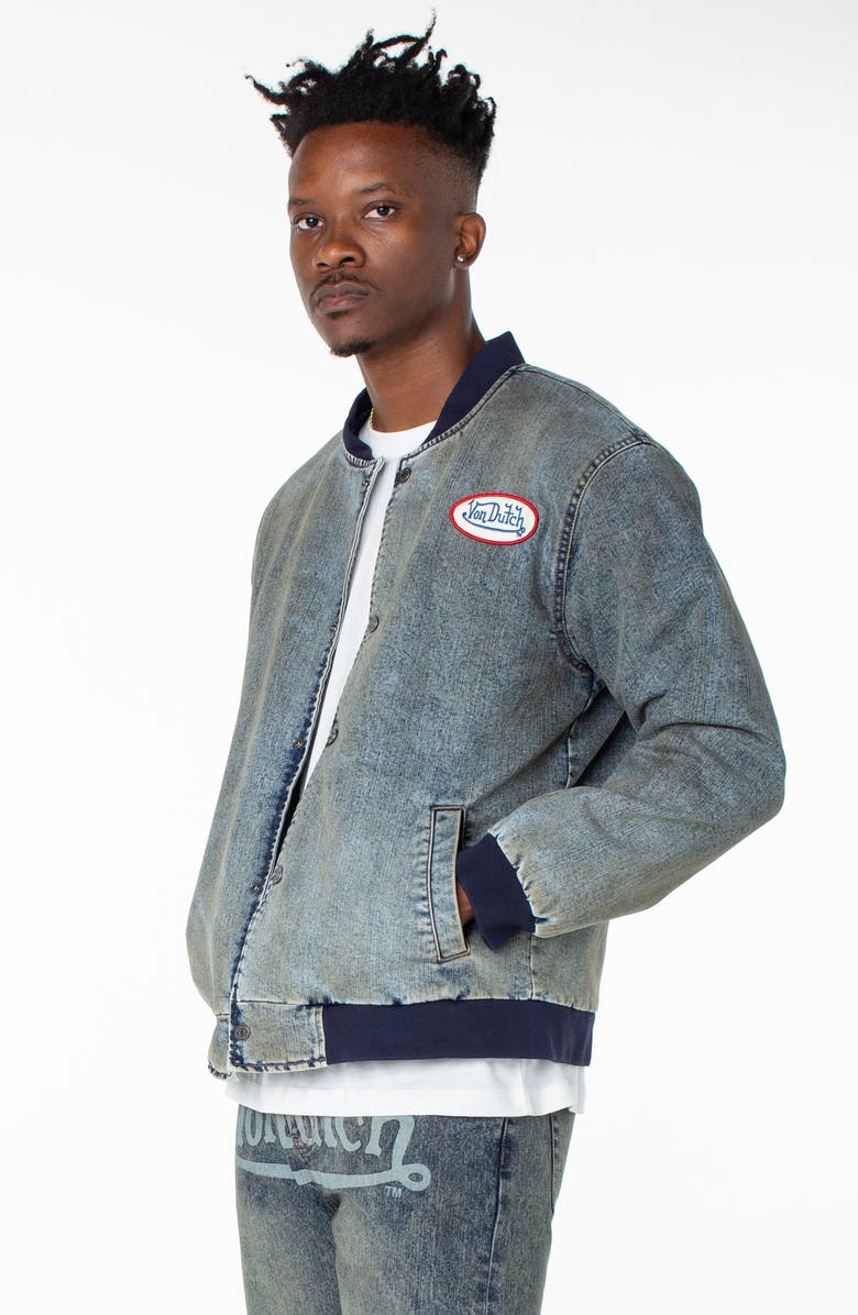 Von Dutch Bones Denim Bomber Jacket, Alternate, color, Hazestone