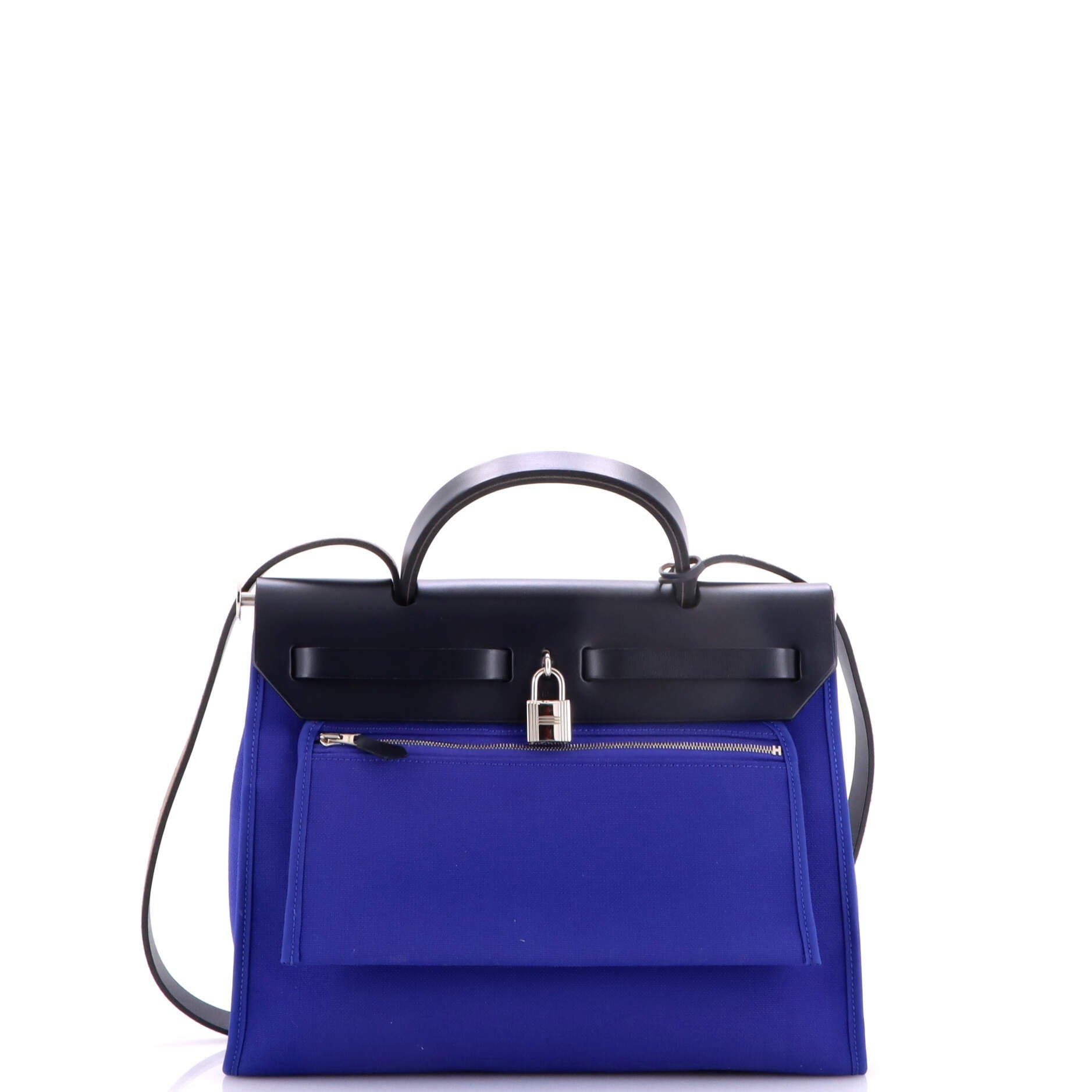 Pre-Owned Hermes Herbag Zip Leather and Toile 31, Alternate, color, Bleu Royal