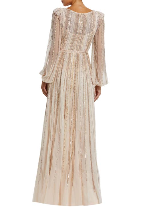 Mac Duggal Boat Neck Long Sleeve Gown With Striped Beading In Peach