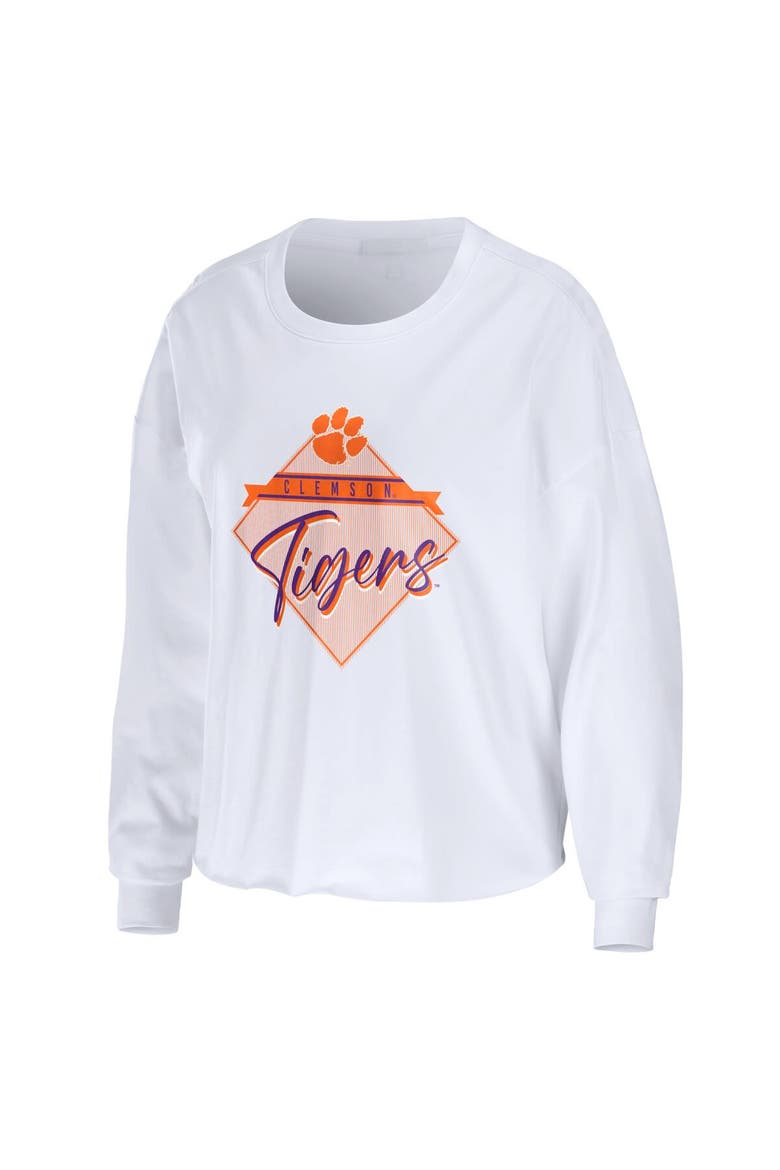 Women's WEAR by Erin Andrews White Clemson Tigers Diamond Long Sleeve Cropped T-Shirt, Alternate, color, White