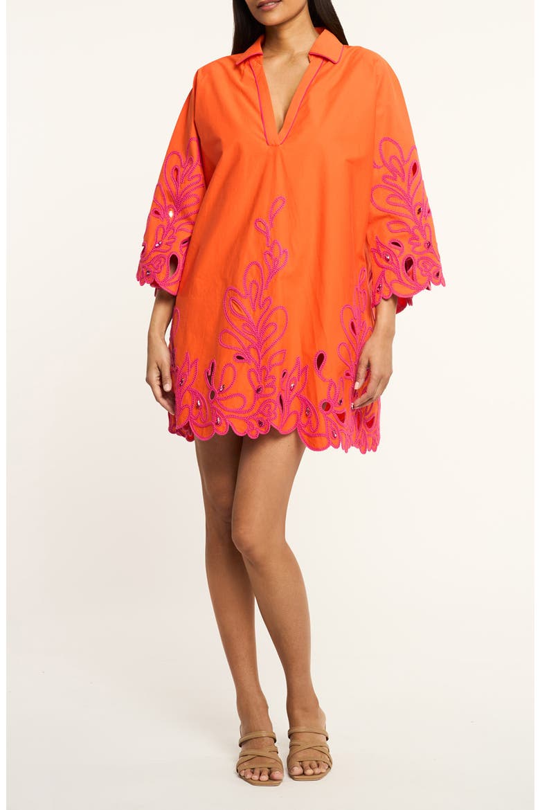 Embroidered Paisley Bloom Cotton Minidress, Main, color, BRIGHT CLEMENTINE/ AZALEA