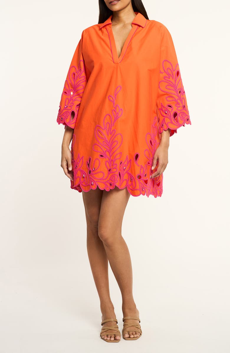 Cinq à Sept Embroidered Paisley Bloom Cotton Minidress, Main, color, Bright Clementine/ Azalea