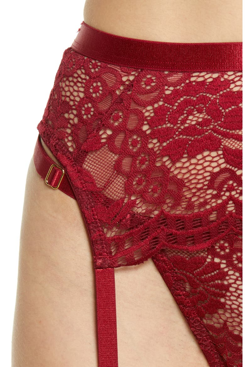 Underwire Bra, Garter Belt & Thong Set, Alternate, color, RUBY