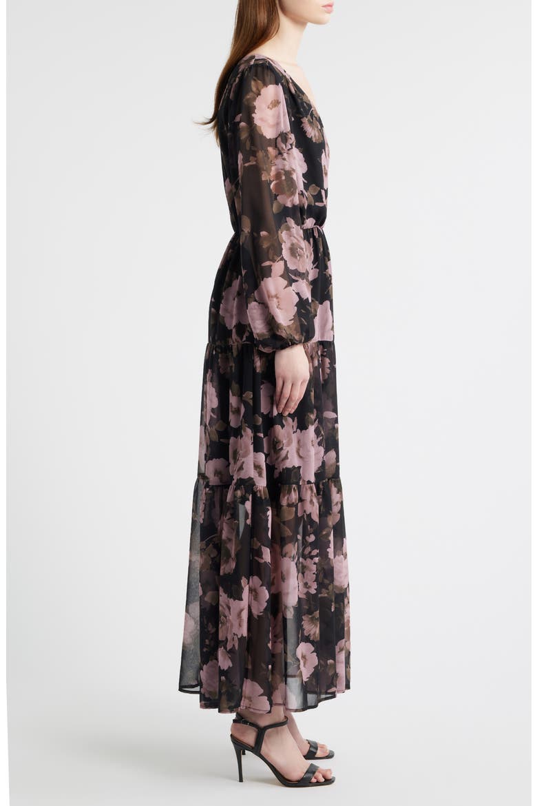 Floral Print Long Sleeve Tiered Maxi Dress, Alternate, color, BLACK FIONA FLORAL