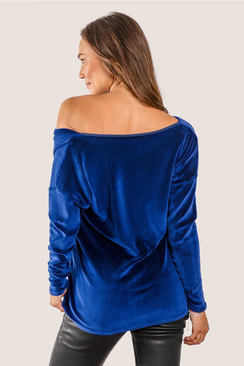 Sweater Weather Built-In Shelf Off-The-Shoulder Velour Long Sleeve Top, Alternate, color, Sapphire