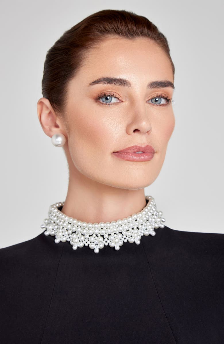 NADINE MERABI Athena Faux Pearl Trim Long Sleeve Minidress, Alternate, color, Black