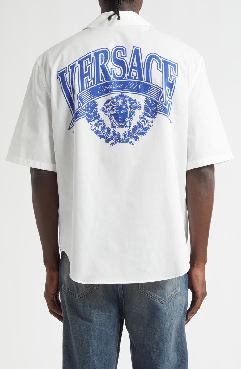 Versace Medusa Logo Cotton Poplin Camp Shirt, Alternate, color, White Print