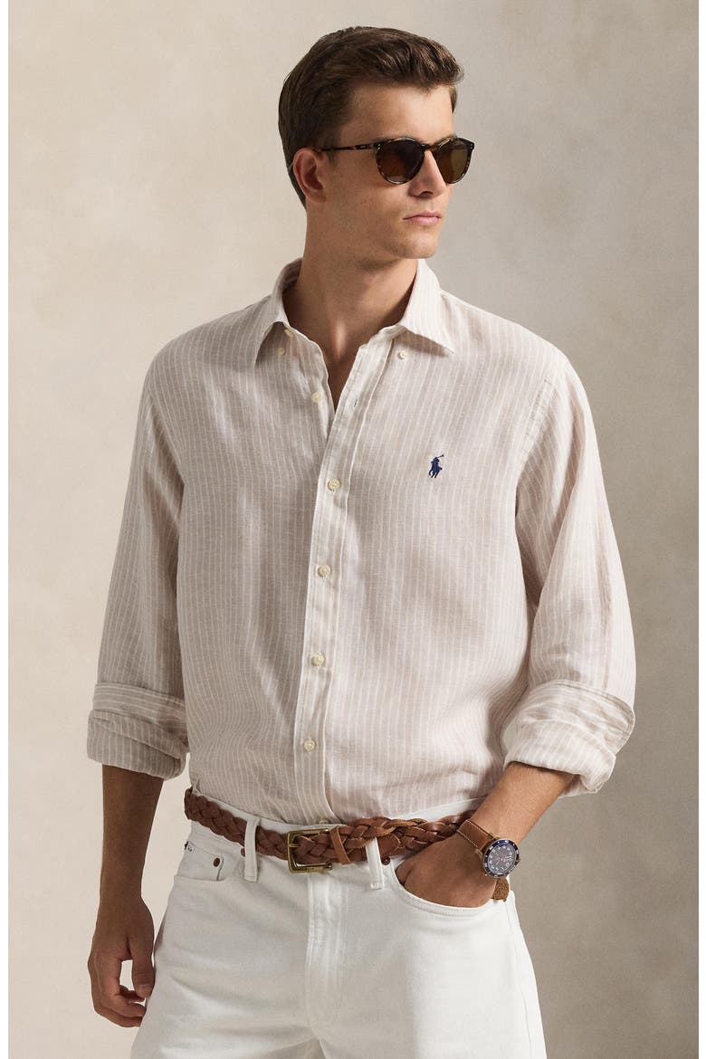 Classic Fit Stripe Linen Button-Down Shirt, Alternate, color, 7188E COASTAL BEIGE WHITE