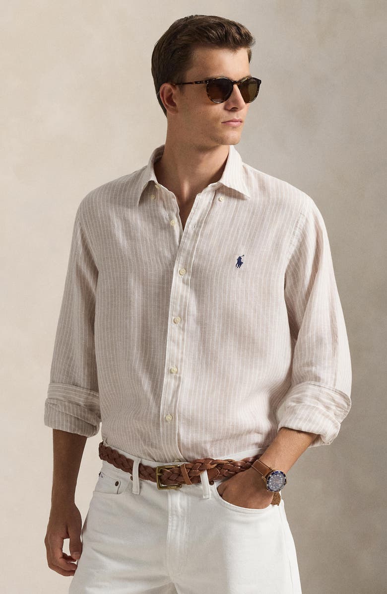 Polo Ralph Lauren Classic Fit Stripe Linen Button-Down Shirt, Alternate, color, Coastal Beige White