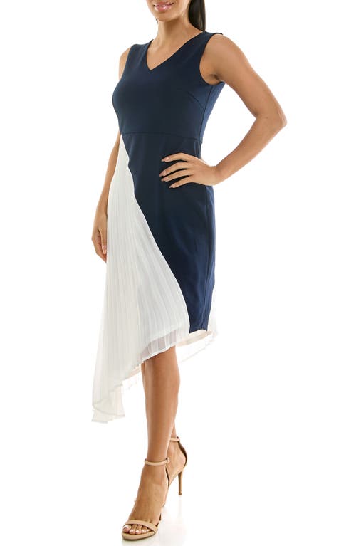Shop Nina Leonard Asymmetric Pleated Midi Dress In Navy/ivory