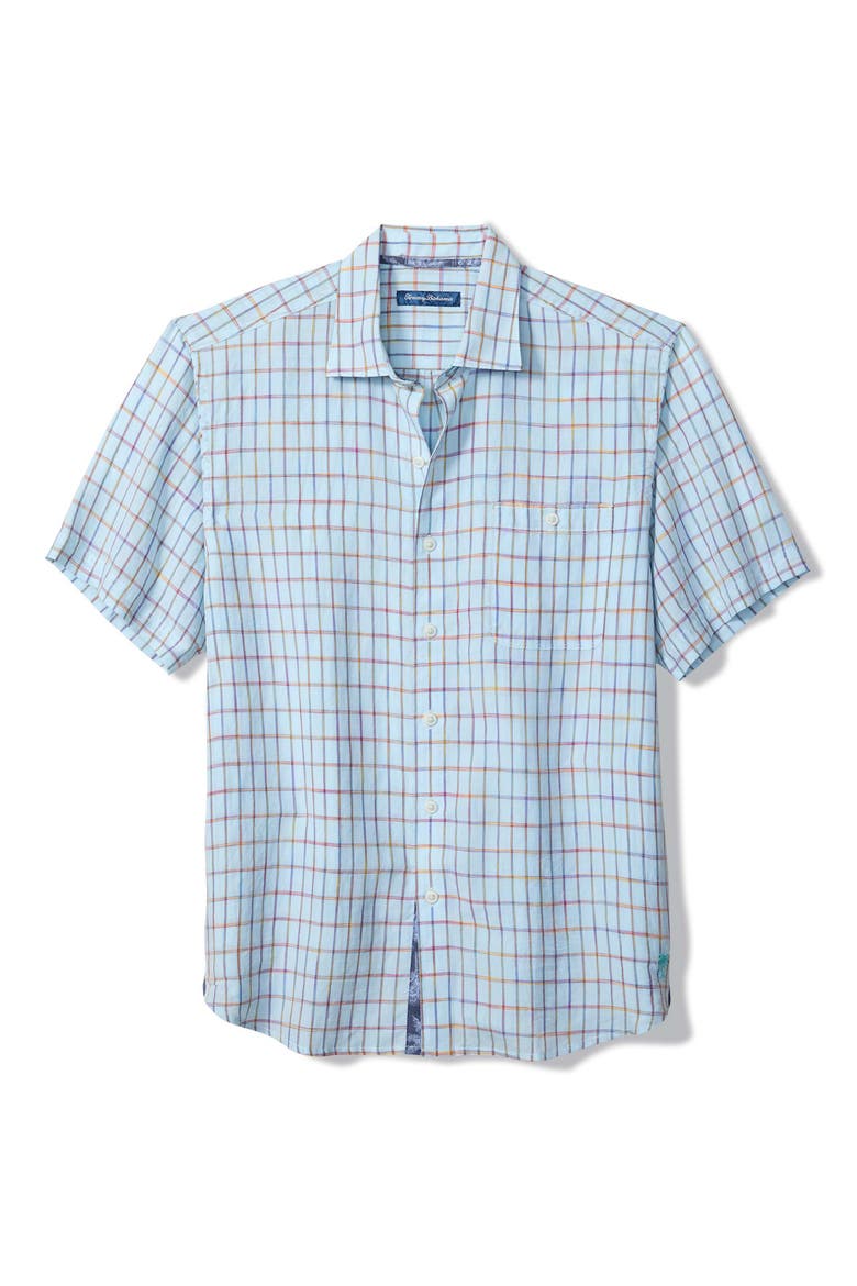 Sand Linen Manati Plaid Short Sleeve Linen Blend Button-Up Shirt, Main, color, TURQUOISE HAZE