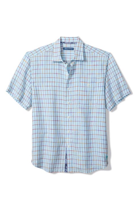 Sand Linen Manati Plaid Short Sleeve Linen Blend Button-Up Shirt