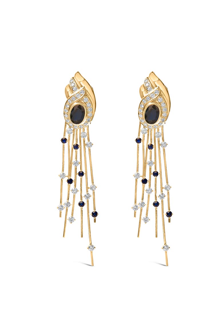 14K Yellow Gold 1.0 Cttw Diamond and Blue Sapphire Chandelier Earrings, Main, color, Yellow