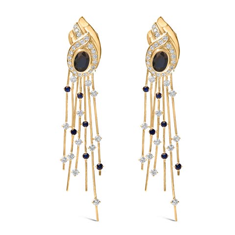 14K Yellow Gold 1.0 Cttw Diamond and Blue Sapphire Chandelier Earrings
