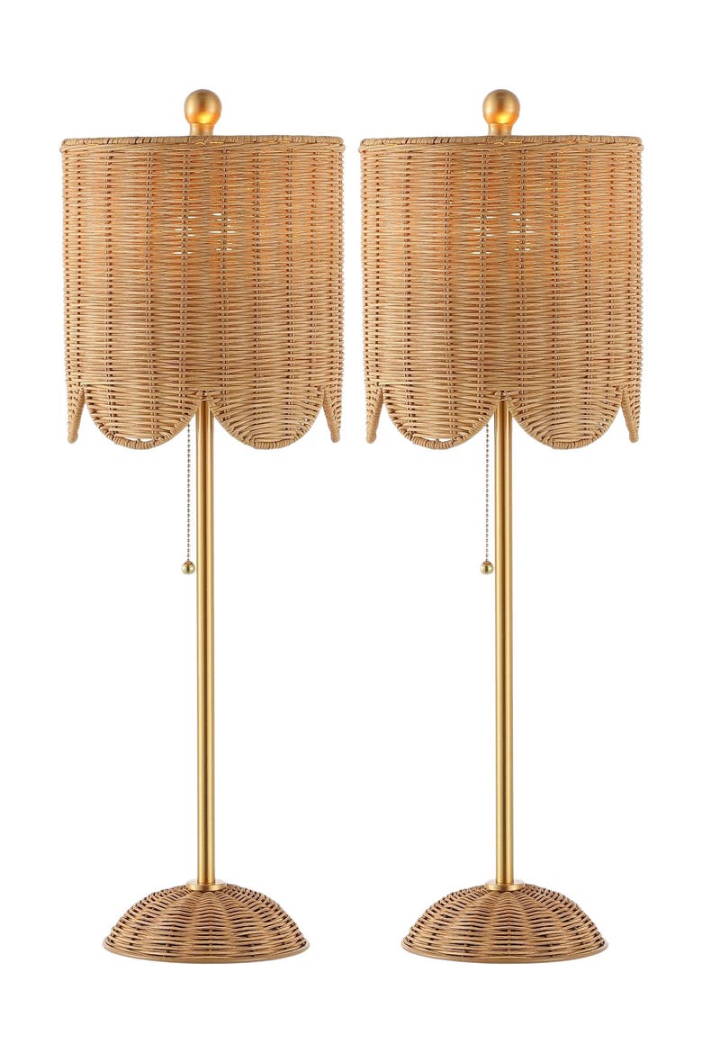Celerie 27.5" Coastal Bohemian Rattan/Iron Scalloped Buffet LED Table Lamp with Pull Chain, Main, color, Natural/Brass Gold