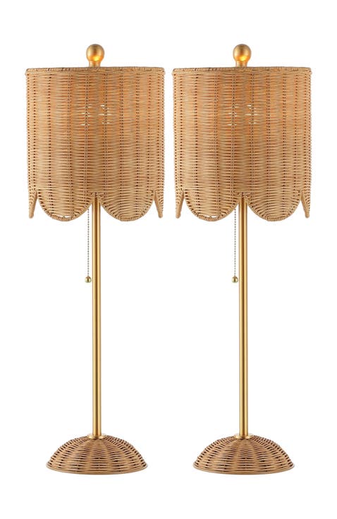 Celerie 27.5" Coastal Bohemian Rattan/Iron Scalloped Buffet LED Table Lamp with Pull Chain (Set of 2)