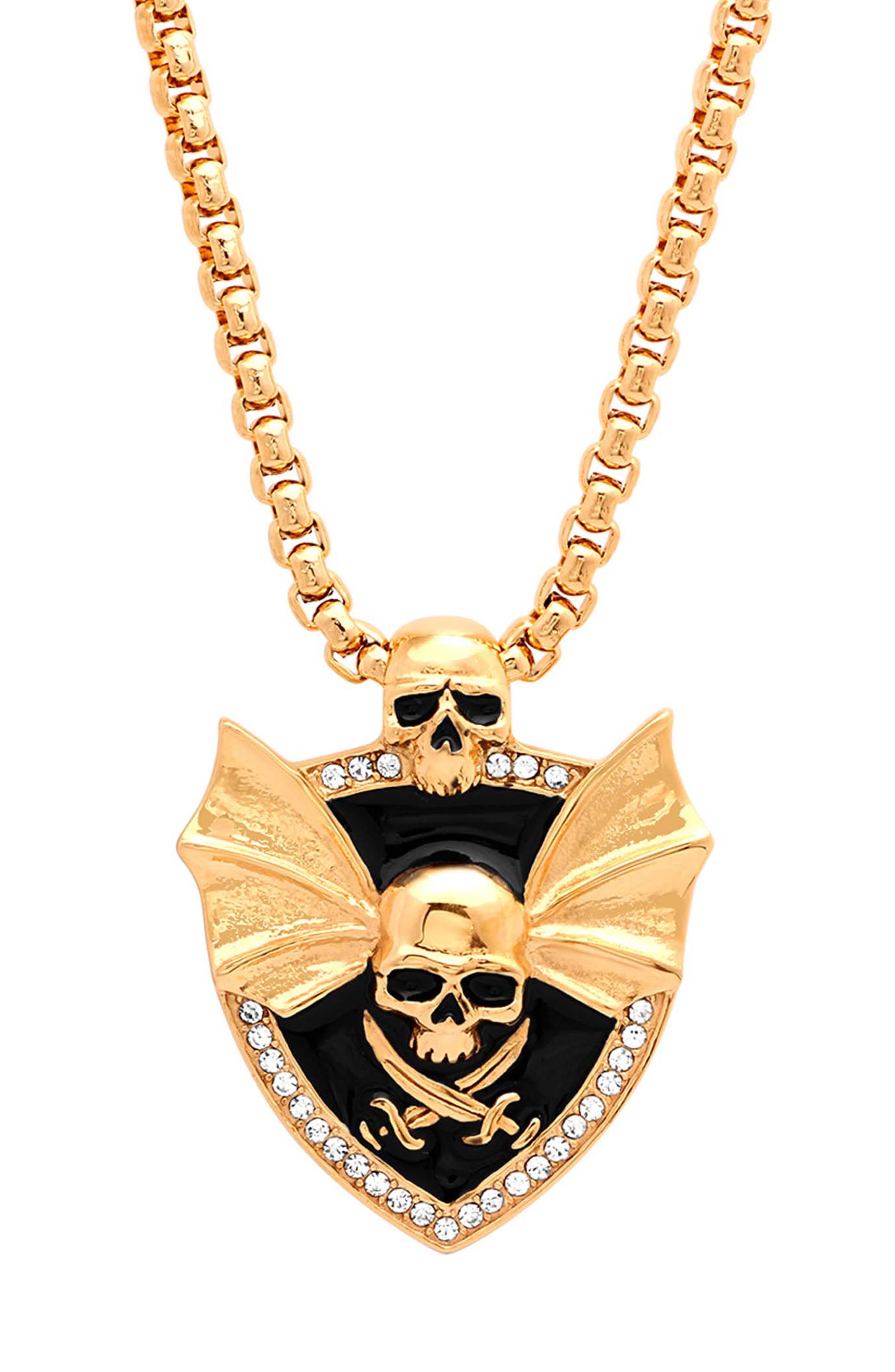 Men's 18k Gold Plated Skull Shield Pendant Necklace