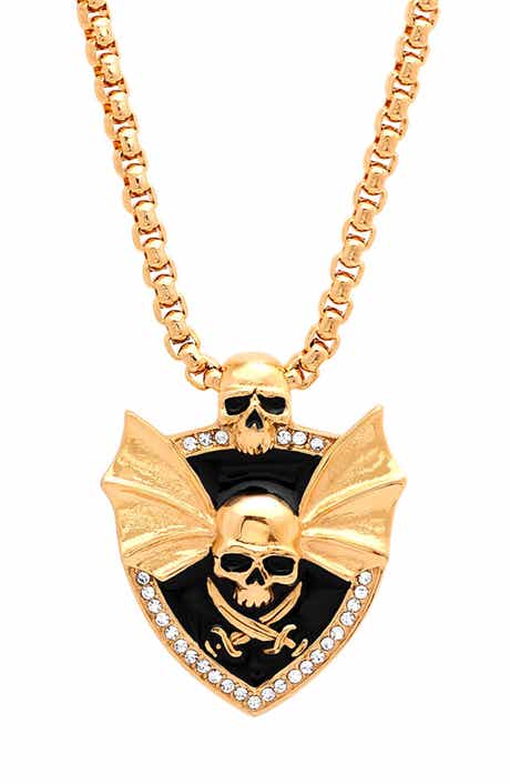 Men's 18k Gold Plated Skull Shield Pendant Necklace