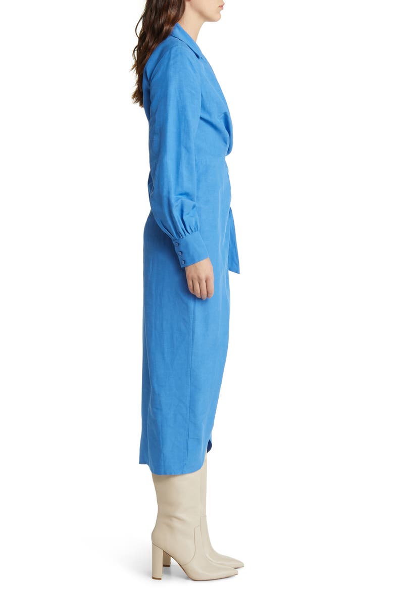 Collared Long Sleeve Wrap Midi Dress, Alternate, color, BLUE