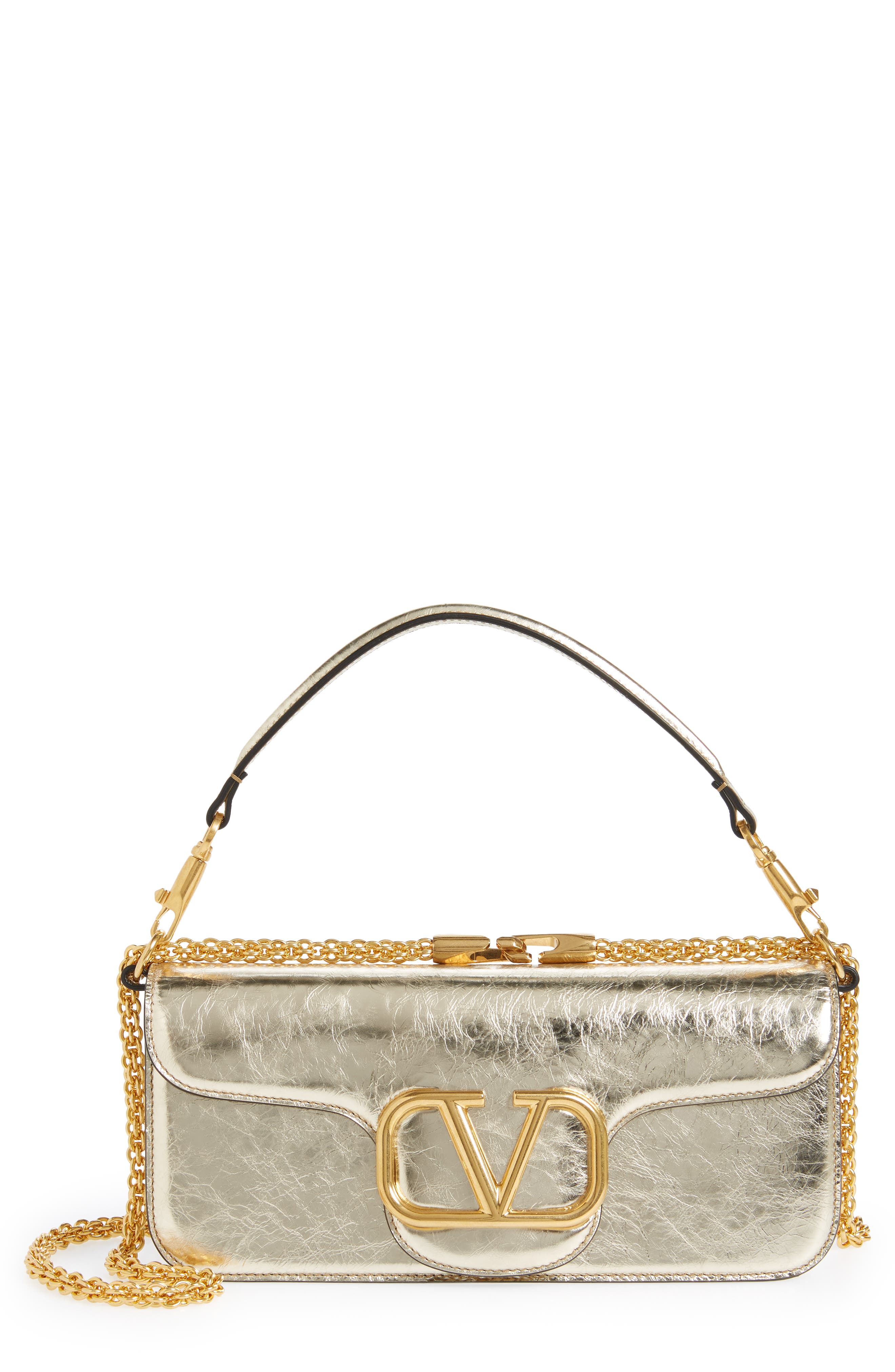 Valentino Garavani VLOGO Signature Crinkle Metallic Leather Shoulder Bag, Main, color, 