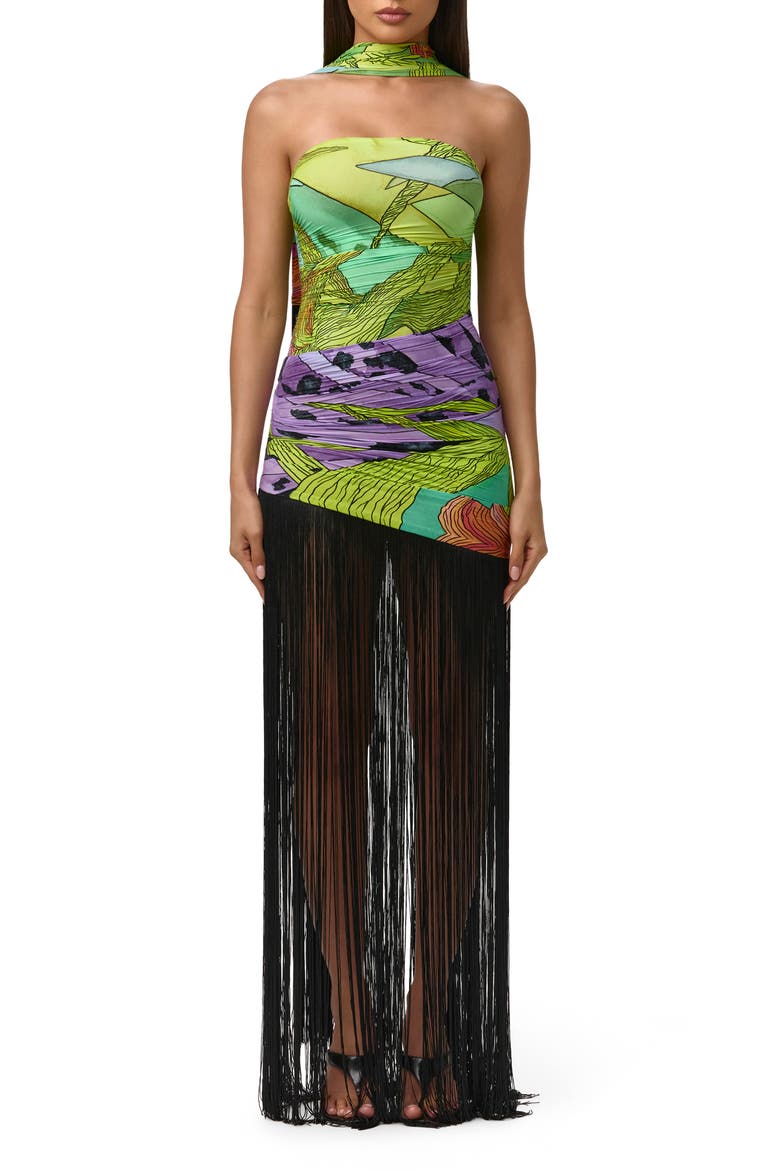 Print Strapless Fringe Maxi Dress with Scarf video