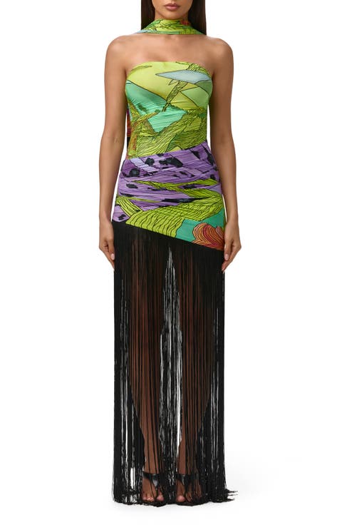 Print Strapless Fringe Maxi Dress with Scarf
