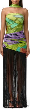 Naked Wardrobe Print Strapless Fringe Maxi Dress with Scarf