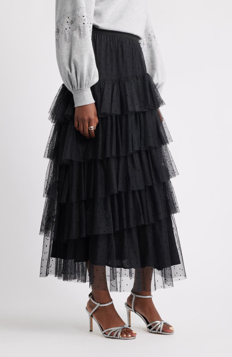 Treasure & Bond Flock Dot Tiered Tulle Maxi Skirt, Alternate, color, Black