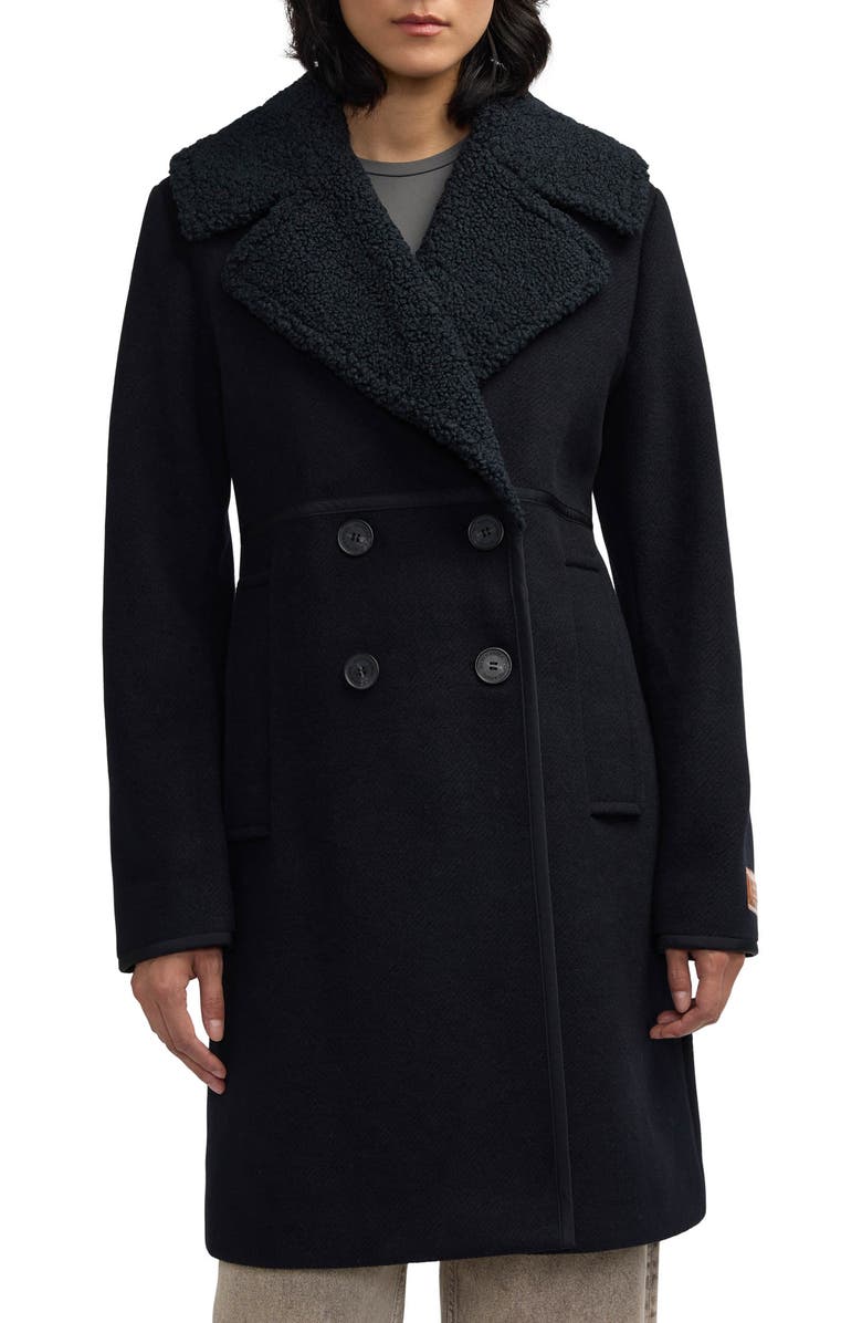 Scotch & Soda Runa Faux Shearling Collar Peacoat, Main, color, Black