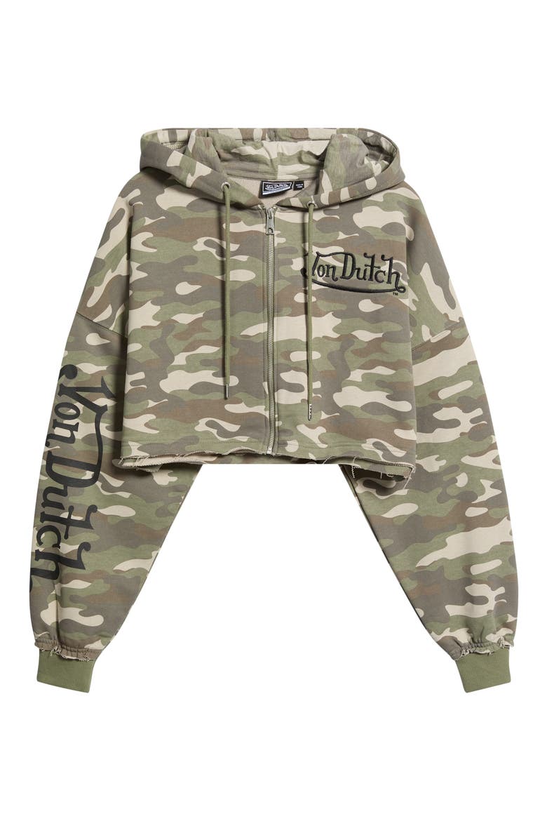 Camo Logo Cropped Full Zip Hoodie, Alternate, color, OLIVE NIGHT CAMO