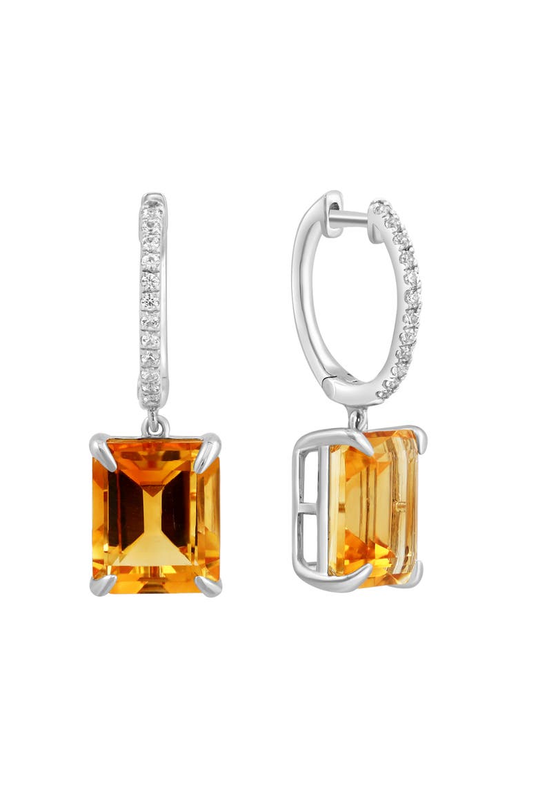 925 Sterling Silver Emerald Cut Citrine & White Sapphire Drop Earrings, Main, color, Sterling Silver
