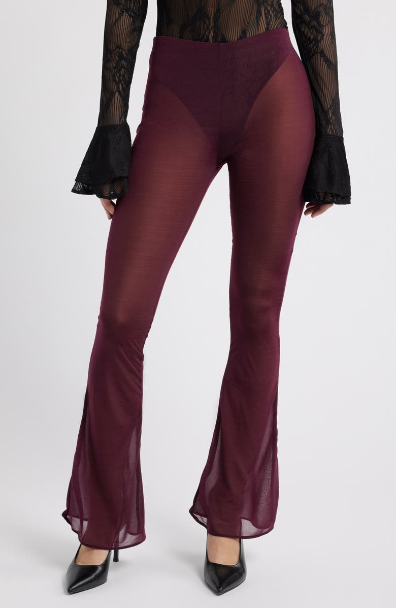 Mistress Rocks Semisheer Flare Leg Pants, Main, color, Dark Plum