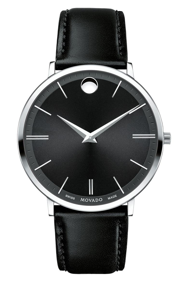 'Ultra Slim' Leather Strap Watch, 40mm, Main, color, BLACK/ BLACK