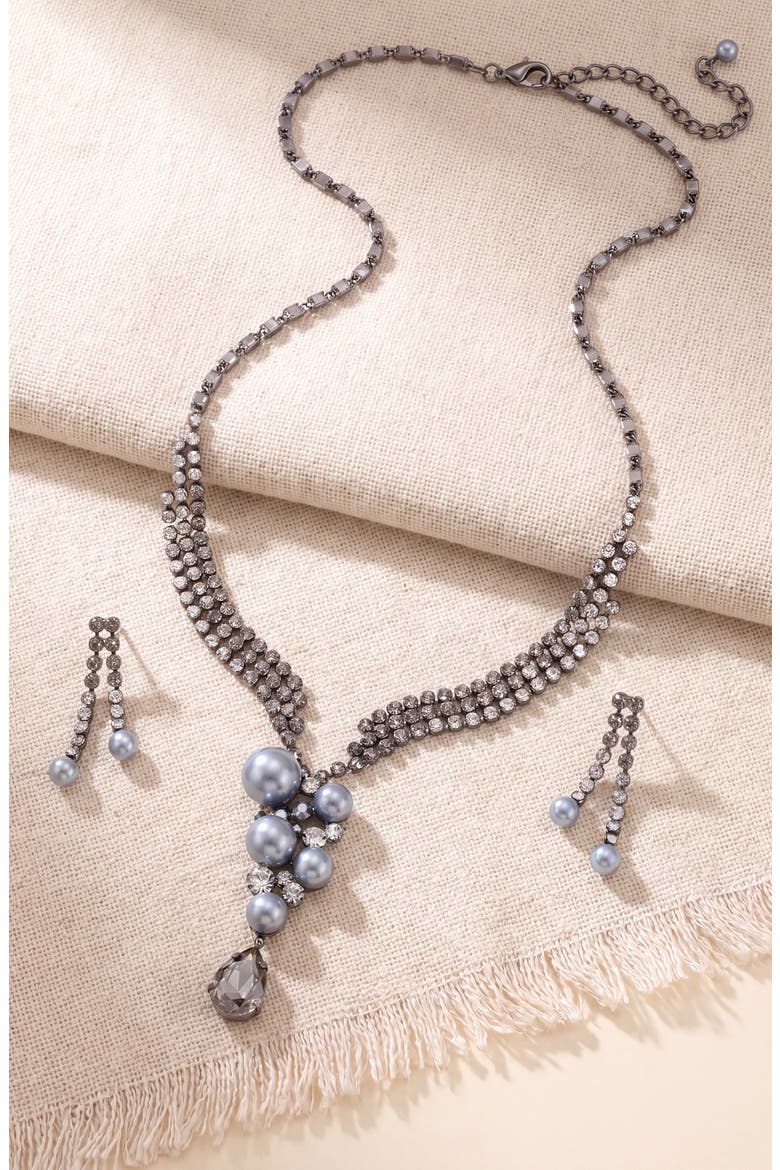 Pearl Crystal Trickling Necklace and Earring Set, Alternate, color, Gunmetal