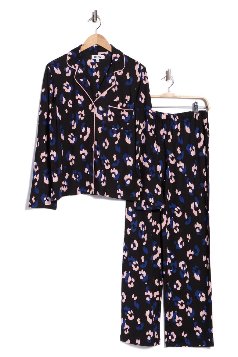 Notch Collar Top and Pants Pajama Set, Main, color, BLACK MULTI PRINT