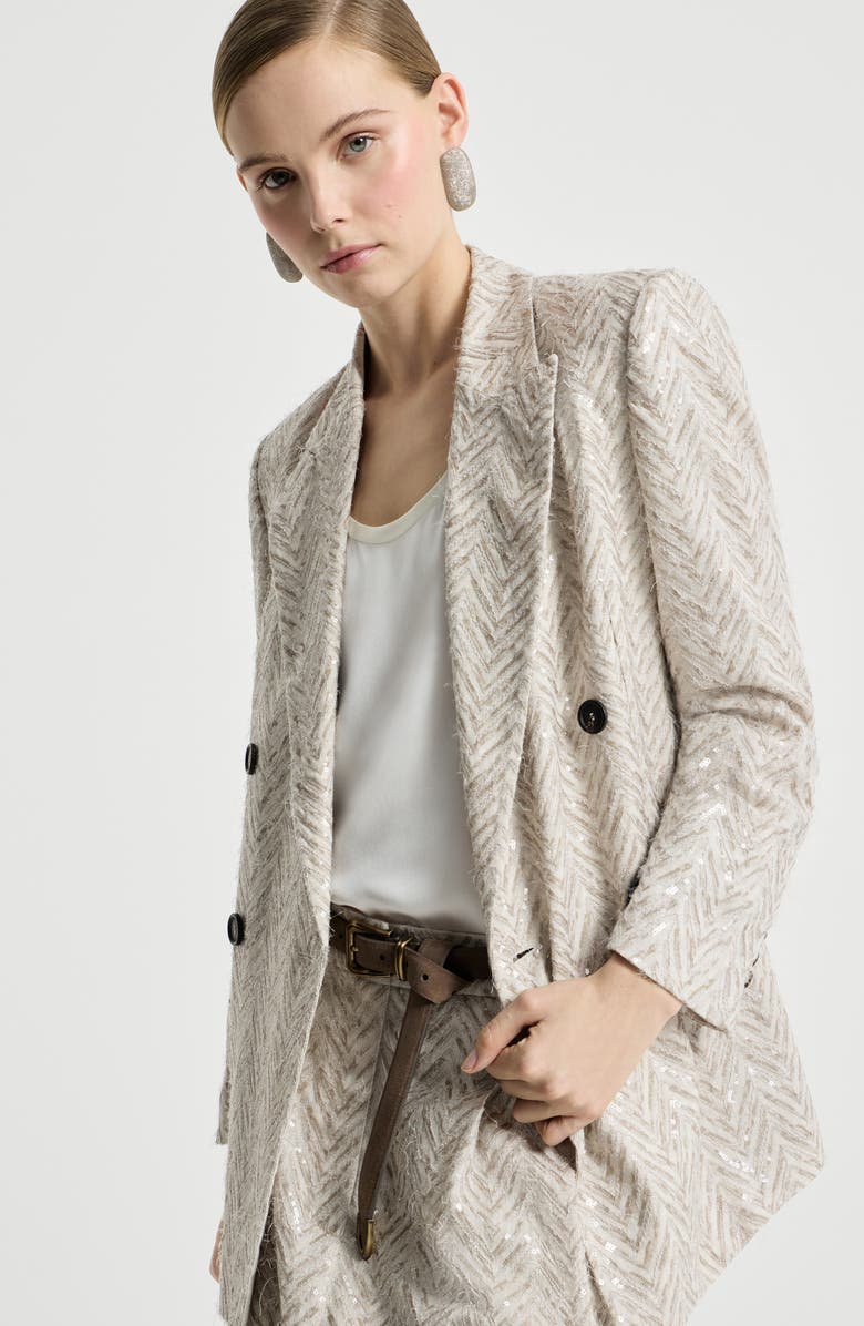 Brunello Cucinelli Dazzling chevron embroidery blazer, Alternate, color, Beige