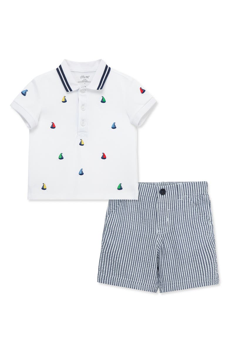 Little Me Sailboat Embroidered Cotton Polo & Stripe Shorts Set, Main, color, Blue