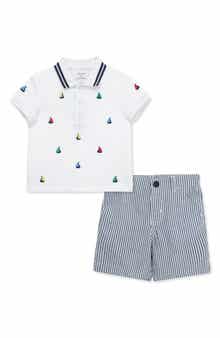 Little Me Sailboat Embroidered Cotton Polo & Stripe Shorts Set