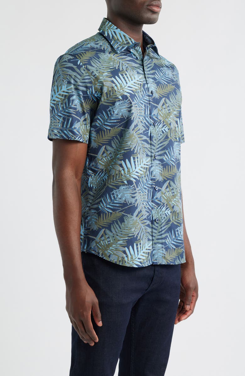 Bugatchi Orson Shaped Fit Leaf Print Camp Shirt, Alternate, color, Navy