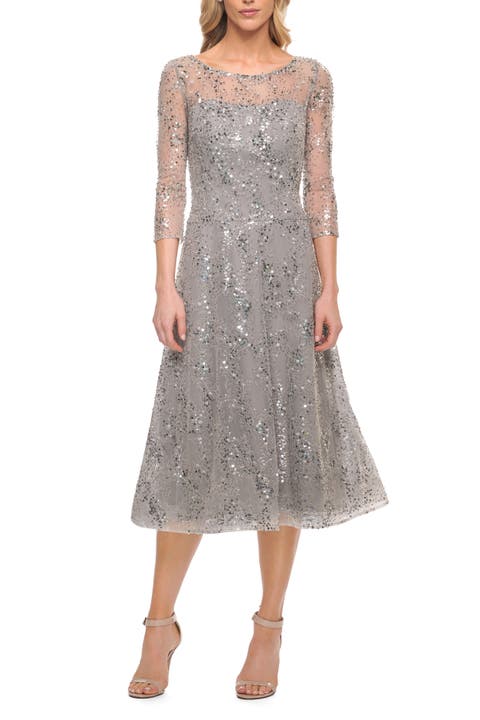 Lace Tea Length Dress with Flare Skirt and High Neckline