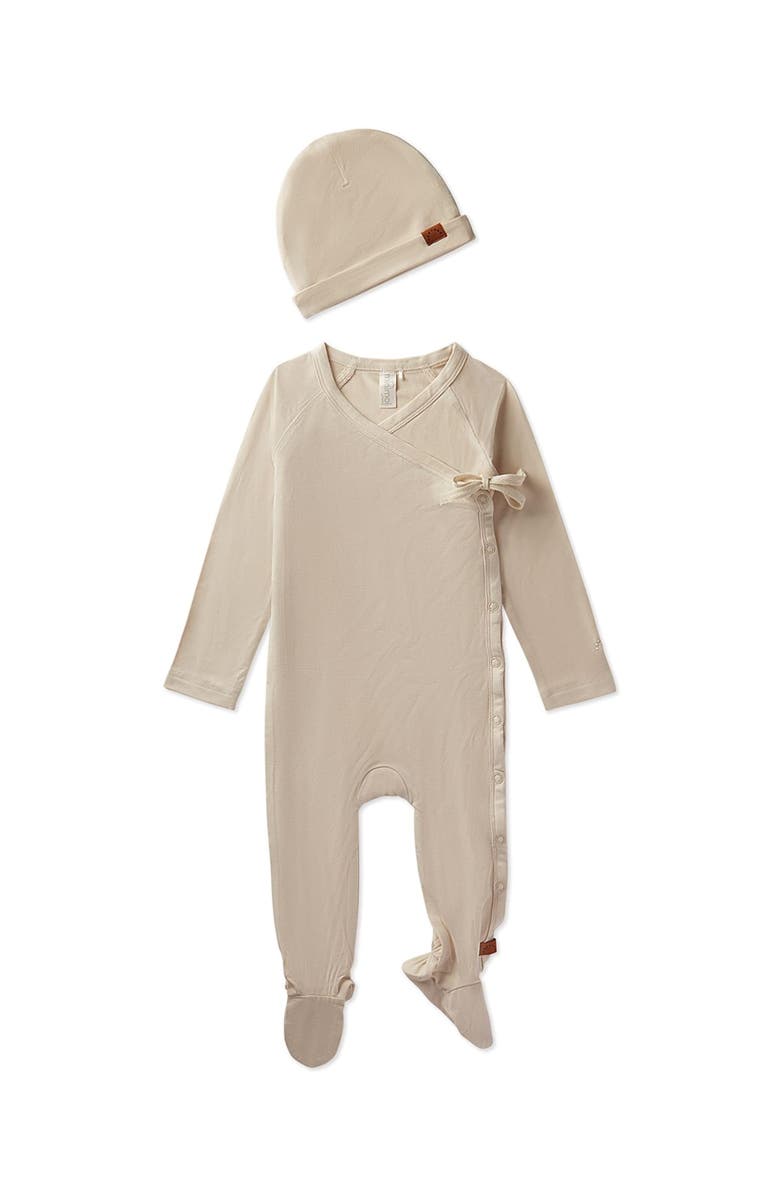 MiniMoi Crossover V-Neck Modal-Blend Footie and Beanie, Main, color, Latte