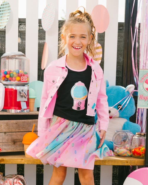 Deux Par Deux Little Girl's Organic Cotton Racerback Tank Top Black And Candy Machine In Black And Candy Machine