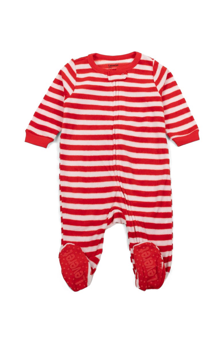 Leveret Kids Fleece Footed Printed Holiday Pajamas, Main, color, Striped Red & White