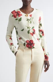 Oscar de la Renta Hibiscus Print Virgin Wool Cardigan