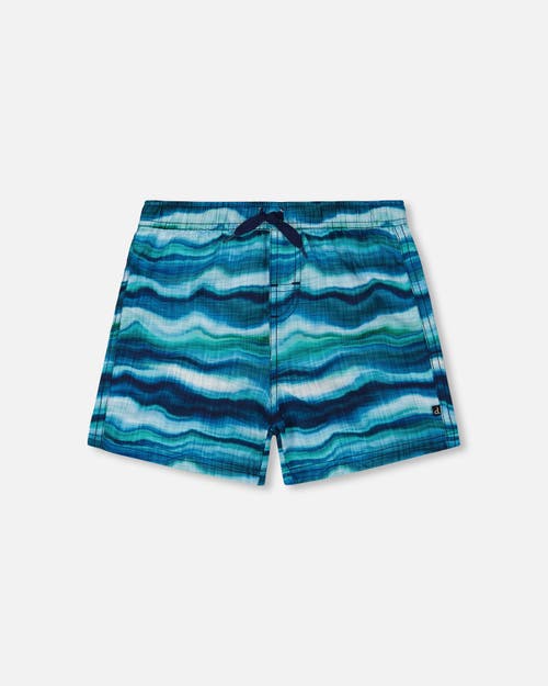 Deux Par Deux Little Boy's Printed Boardshorts Blue Wave And Black In Blue Wave And Black