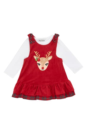 Rare Editions Kids' Corduroy Reindeer Appliqué Dress & T-shirt Set In Red